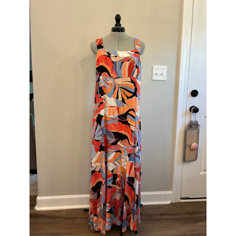 Vince Camuto Women XL Tropical Leaf Print Maxi Dress Orange Blue Sleeveless Boho